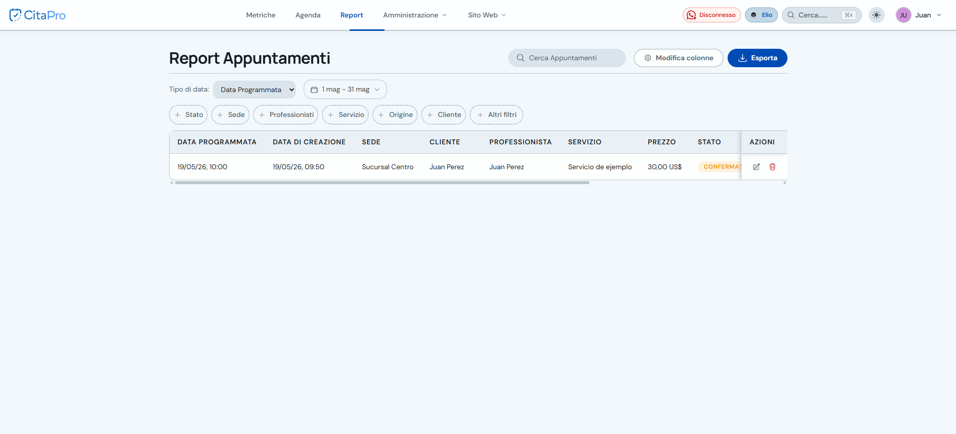 Menu principale con accesso a Report e prenotazioni