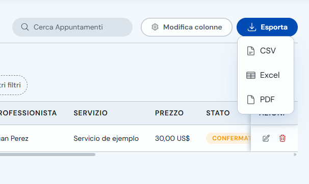 Menu di esportazione con opzioni PDF, Excel e CSV