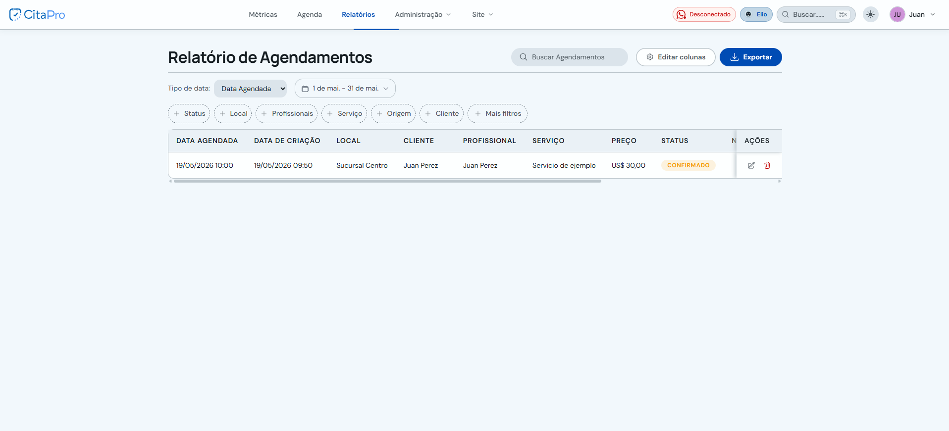 Menu principal com acesso a Relatórios e reservas