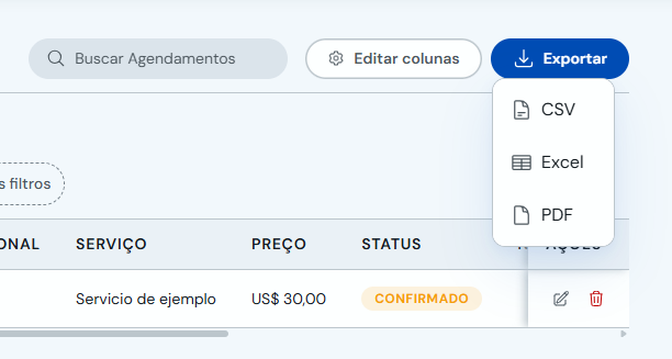 Menu de exportação com opções PDF, Excel e CSV