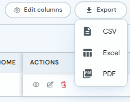 Export menu with CSV, Excel and PDF options