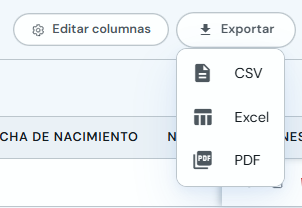 Menú de exportación con opciones CSV, Excel y PDF