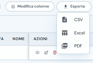 Menu di esportazione con opzioni CSV, Excel e PDF