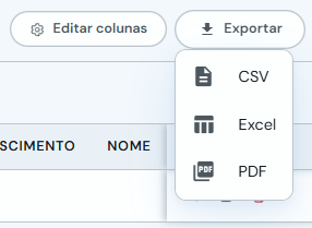Menu de exportação com opções CSV, Excel e PDF