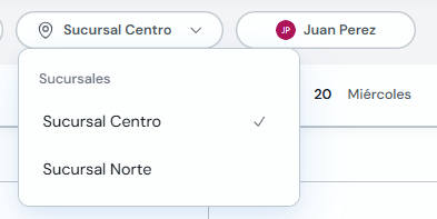 Menú desplegable de sucursales en la agenda