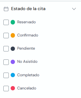 Filtro por estado de la cita con casillas de verificación