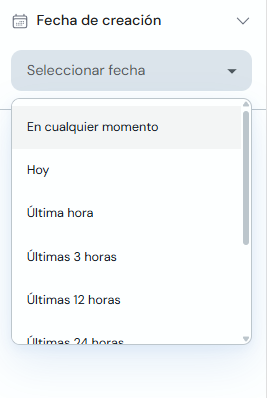 Filtro por fecha de creación con menú desplegable