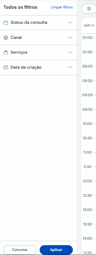 Painel Todos os filtros com seções e botões Aplicar e Cancelar