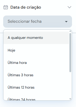Filtro por data de criação com menu suspenso