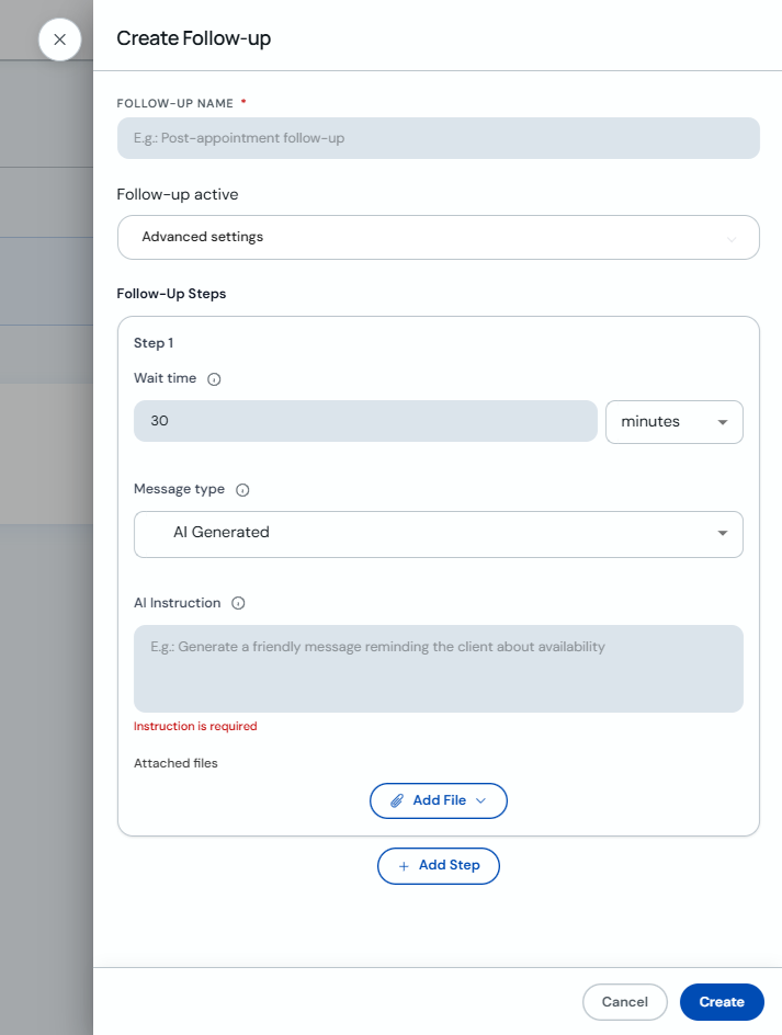 Create Follow-up modal with name and active toggle