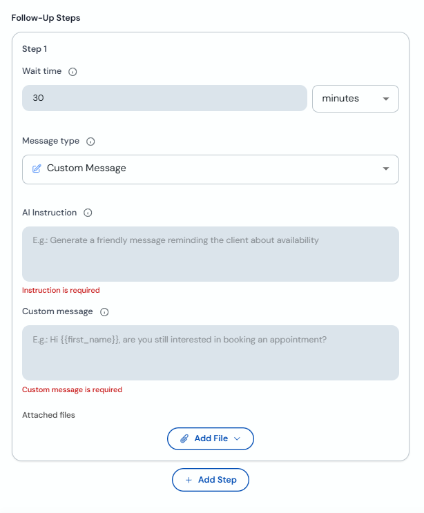 Step 1 with custom message and dynamic variables