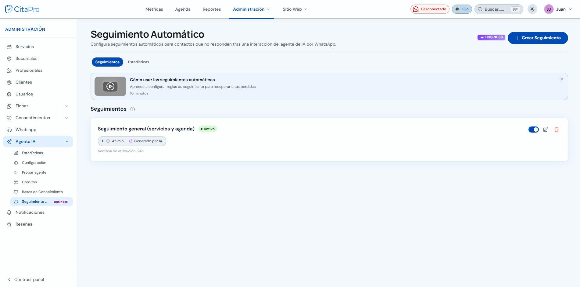Lista de seguimientos automáticos con botón Crear Seguimiento