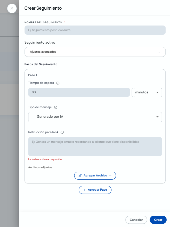 Modal Crear Seguimiento con nombre y seguimiento activo