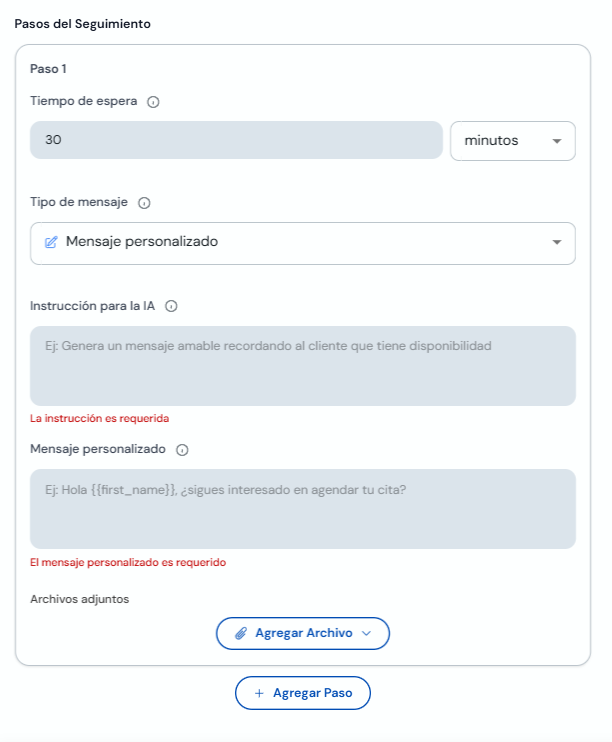 Paso 1 con mensaje personalizado y variables dinámicas