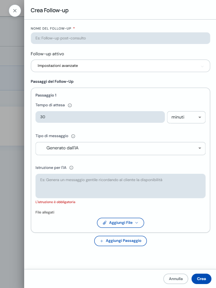 Modale Crea follow-up con nome e follow-up attivo