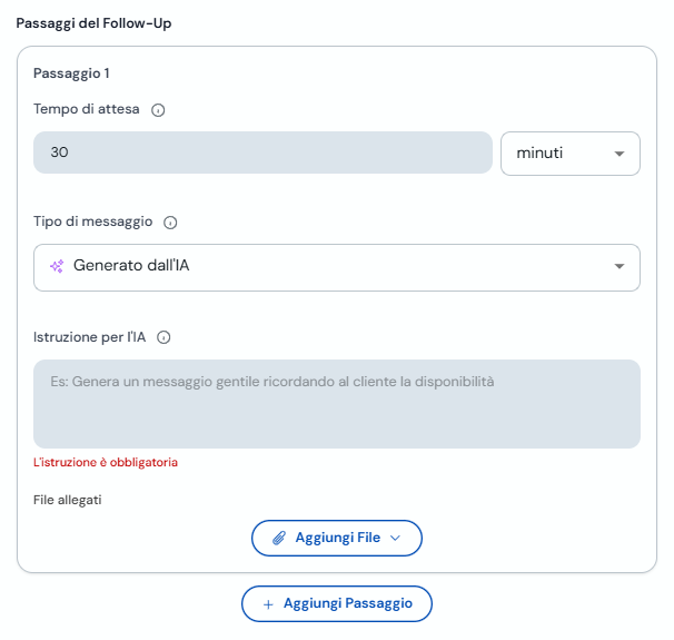 Passo 1 con messaggio generato dall'IA e istruzione per l'agente