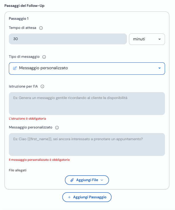 Passo 1 con messaggio personalizzato e variabili dinamiche