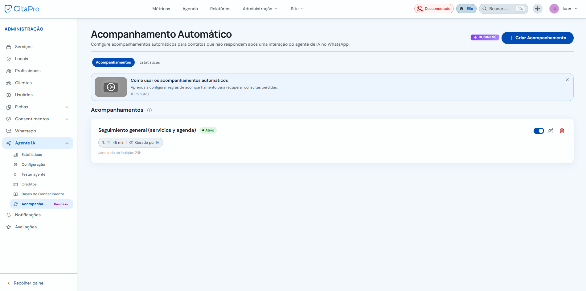Lista de acompanhamentos automáticos com botão Criar Acompanhamento
