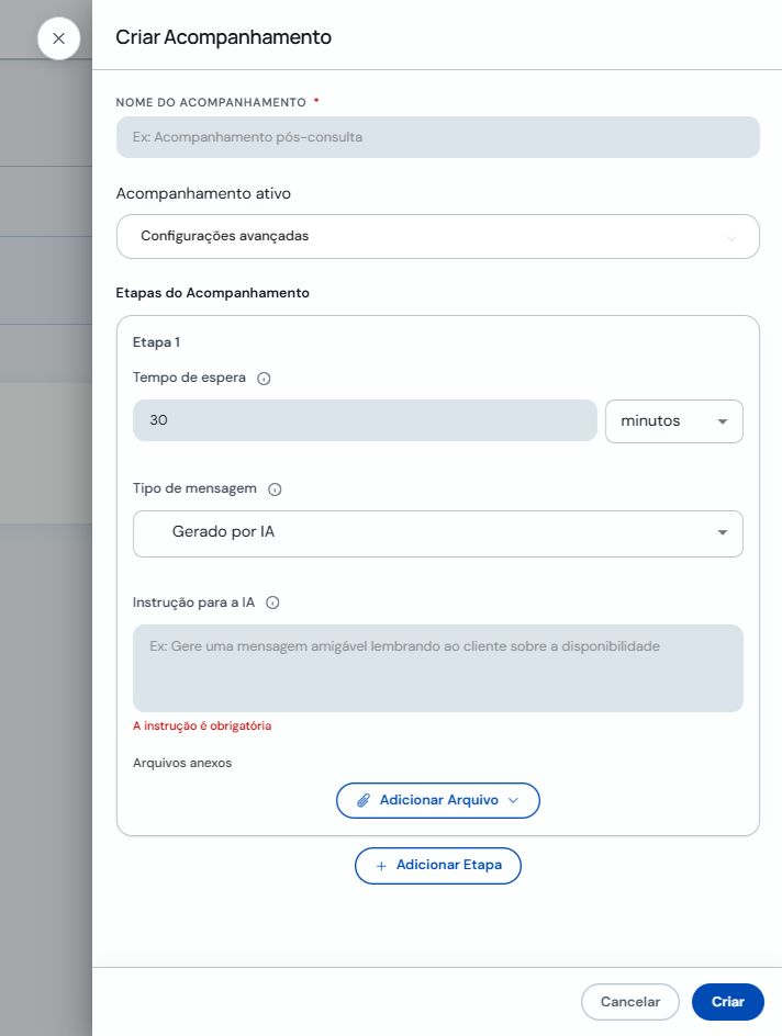 Modal Criar Acompanhamento com nome e acompanhamento ativo