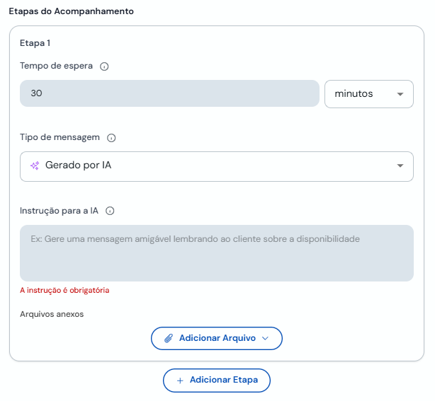 Passo 1 com mensagem gerada pela IA e instrução para o agente