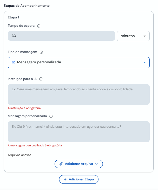 Passo 1 com mensagem personalizada e variáveis dinâmicas