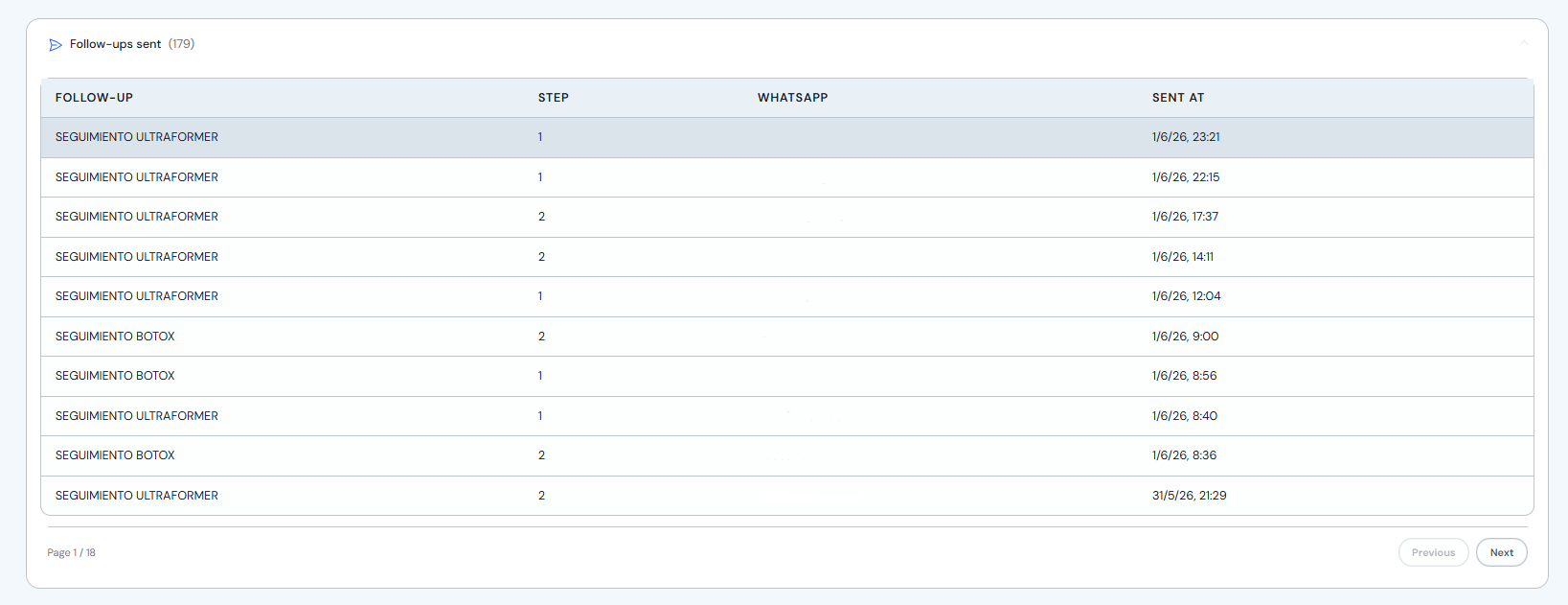 Sent follow-ups table