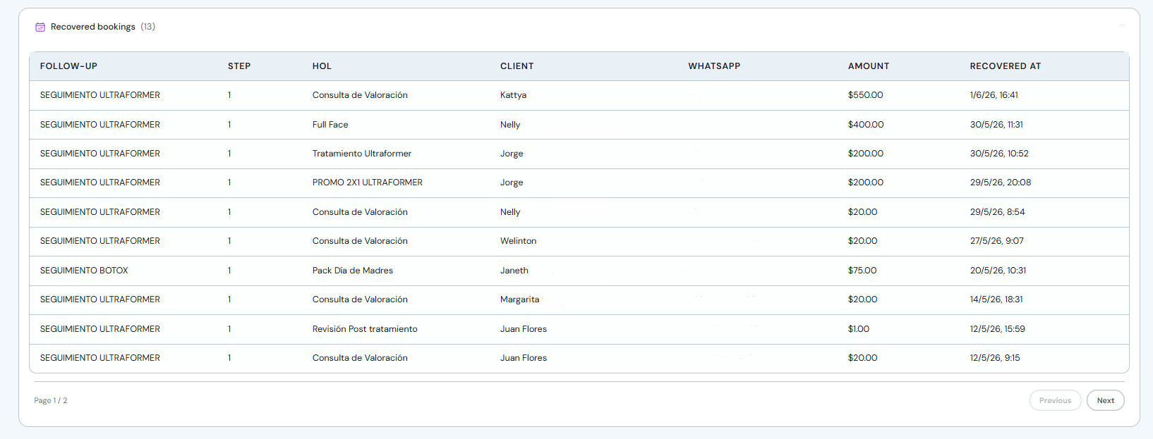 Recovered bookings table with service, client and amount