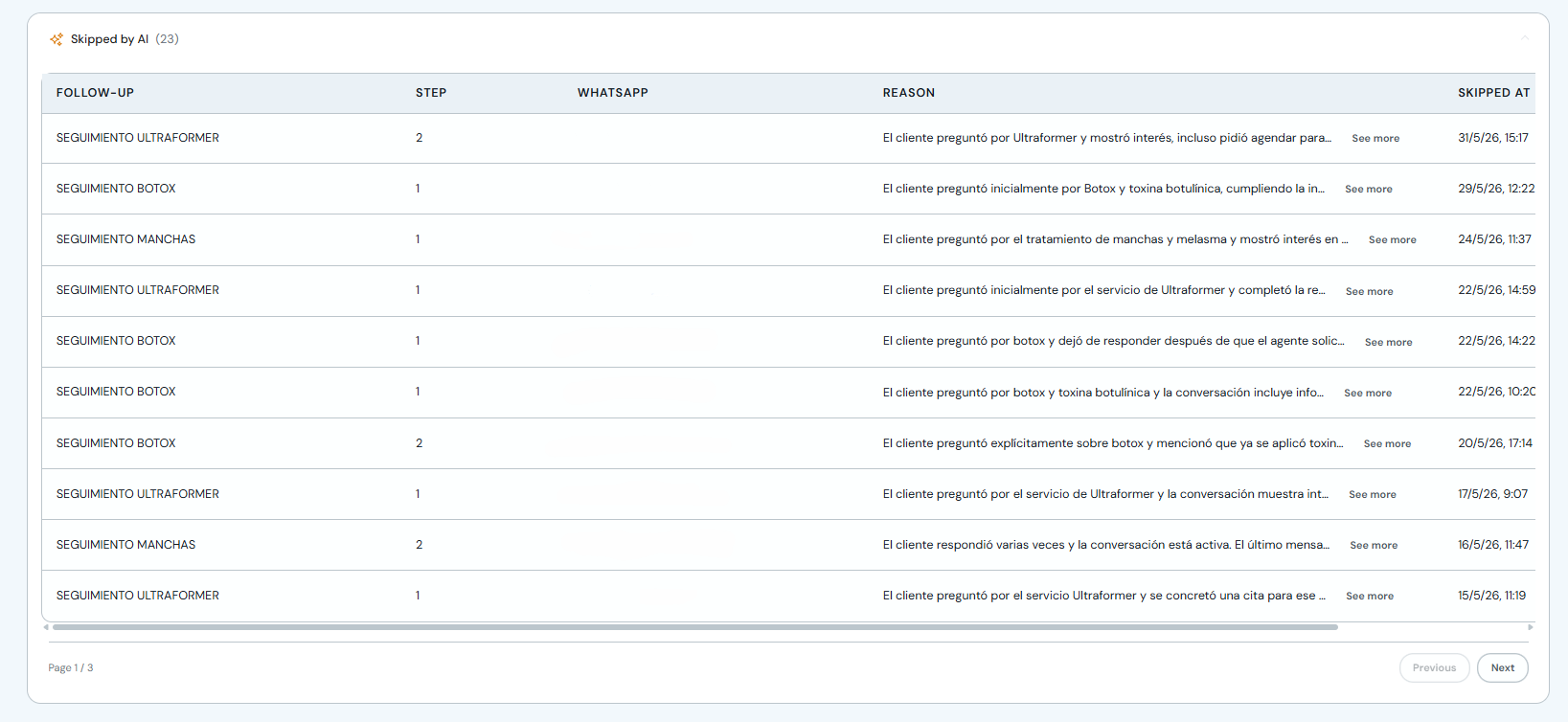 Skipped by AI table with reason and date