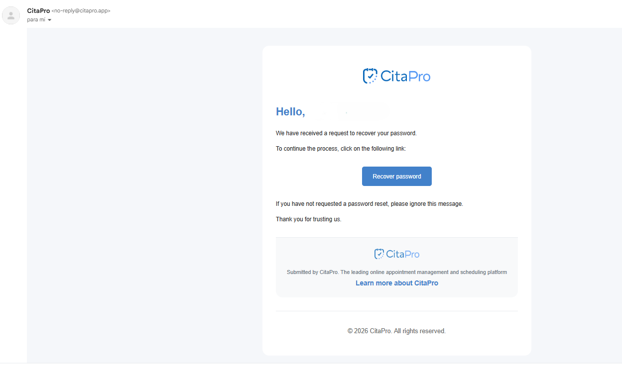 CitaPro email with reset password button