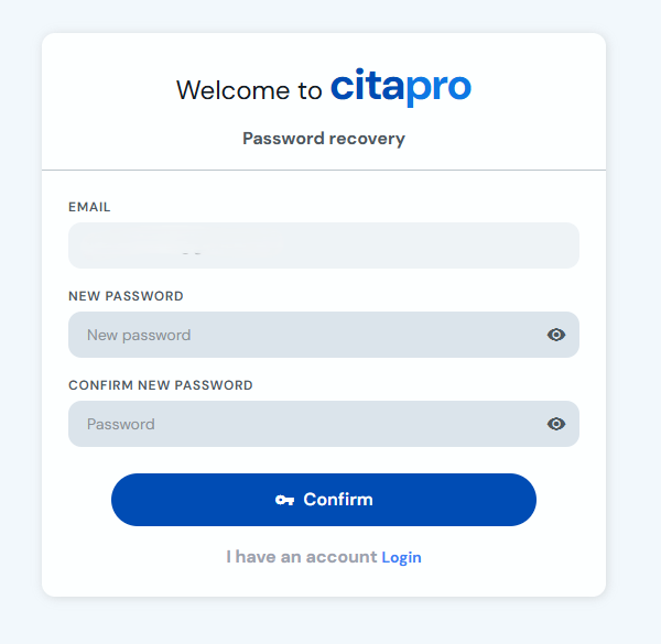 Form to create and confirm a new password