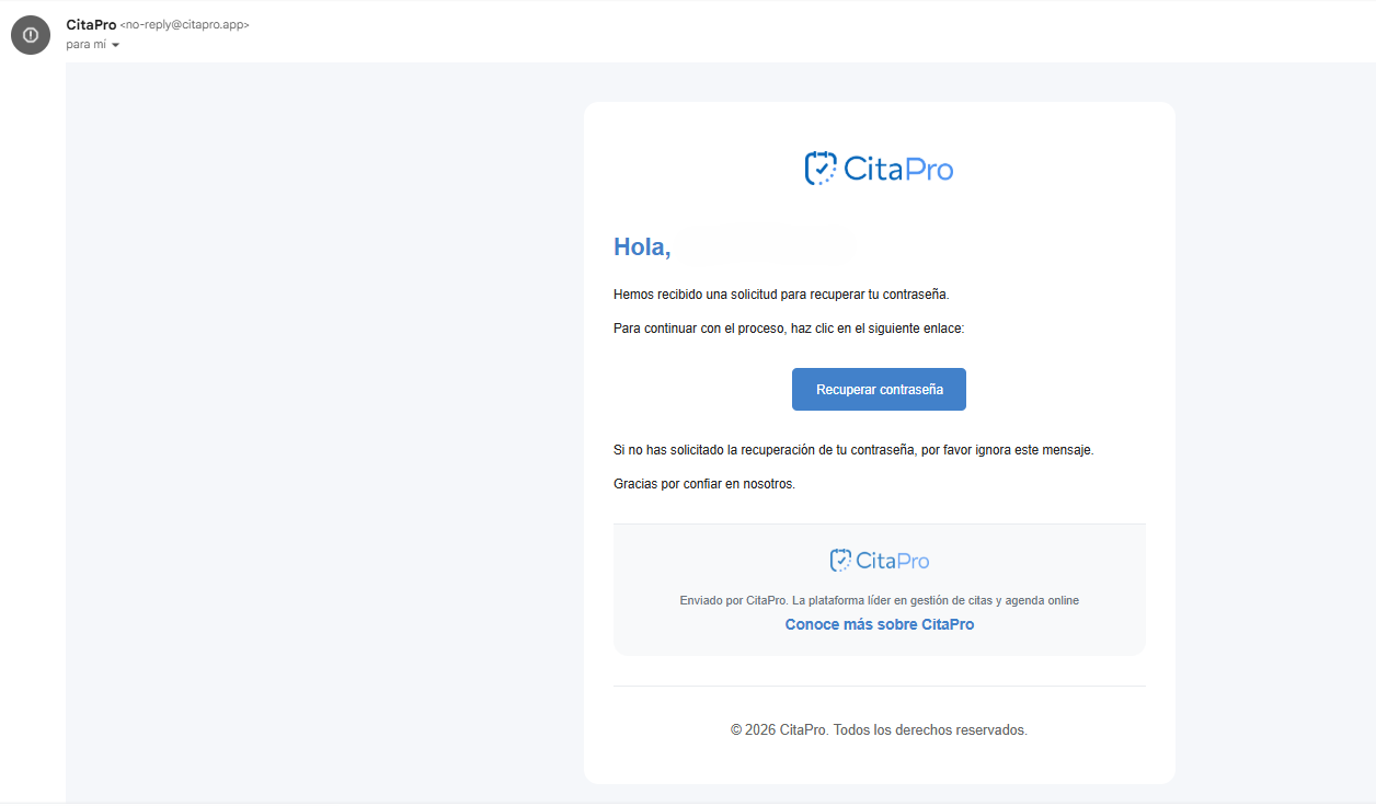Correo de CitaPro con botón para recuperar contraseña