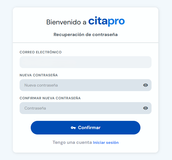 Formulario para crear y confirmar una nueva contraseña