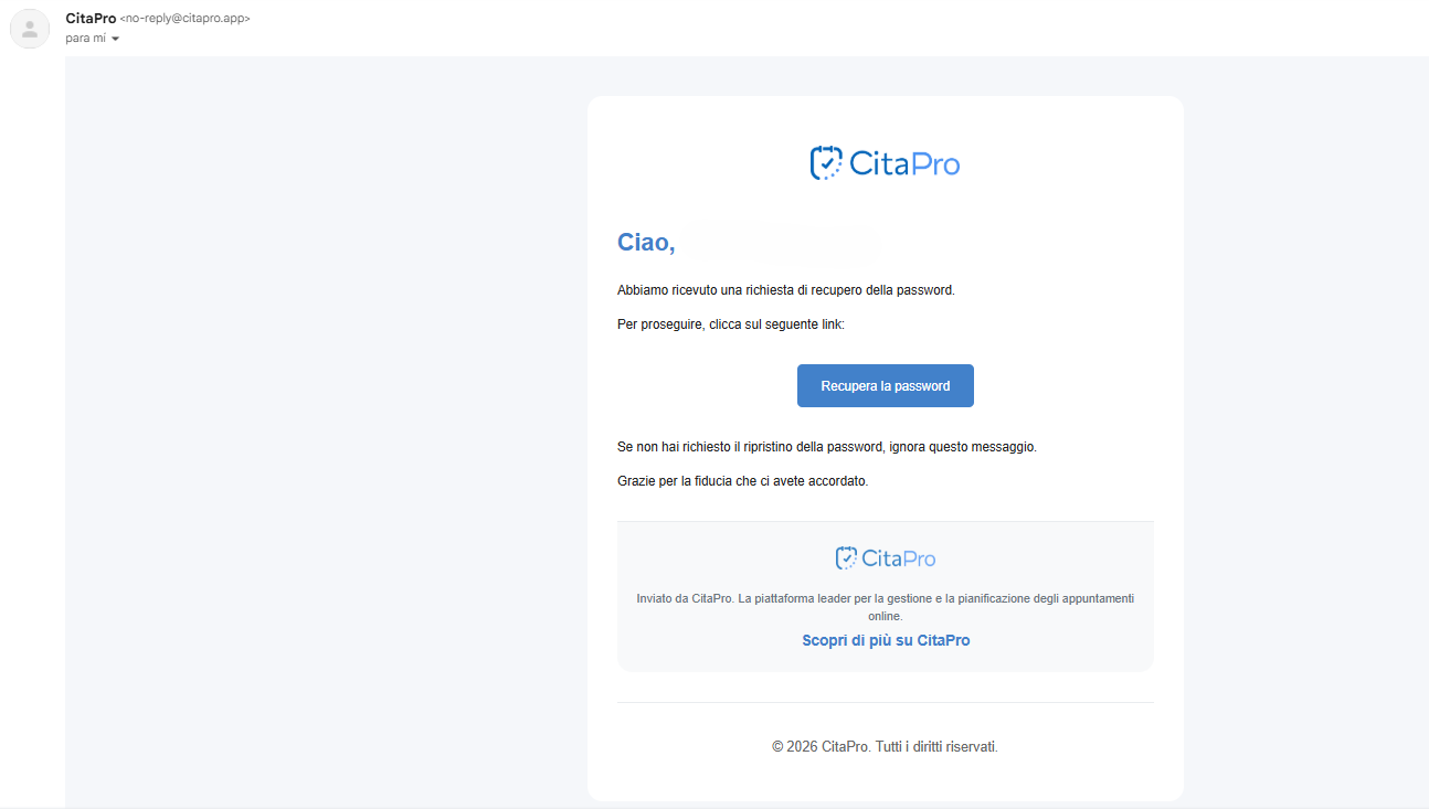 Email di CitaPro con pulsante per recuperare la password