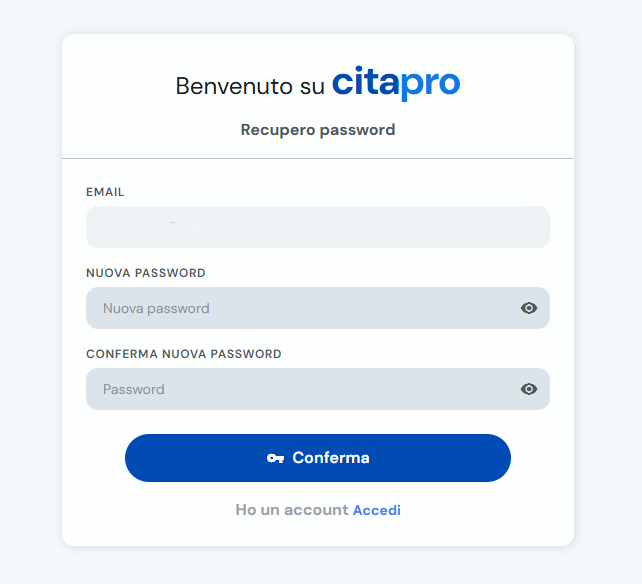 Modulo per creare e confermare una nuova password