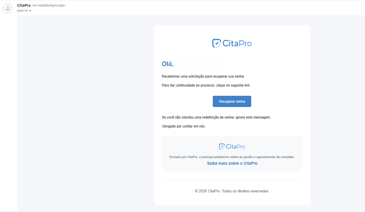 E-mail do CitaPro com botão para recuperar senha