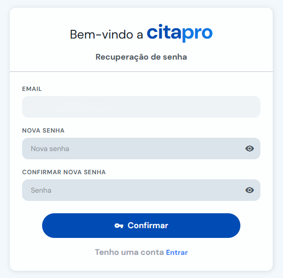 Formulário para criar e confirmar uma nova senha