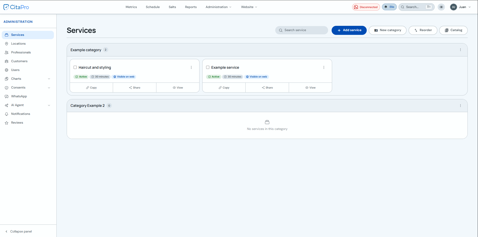 Services section with service cards and checkboxes