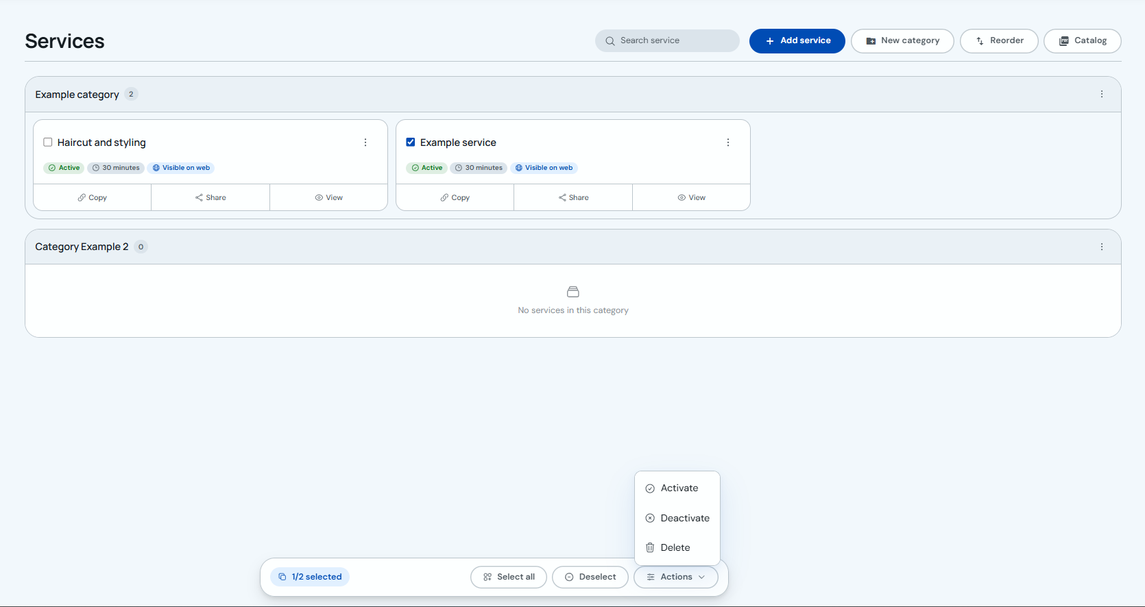 Actions menu with Activate, Deactivate and Delete options