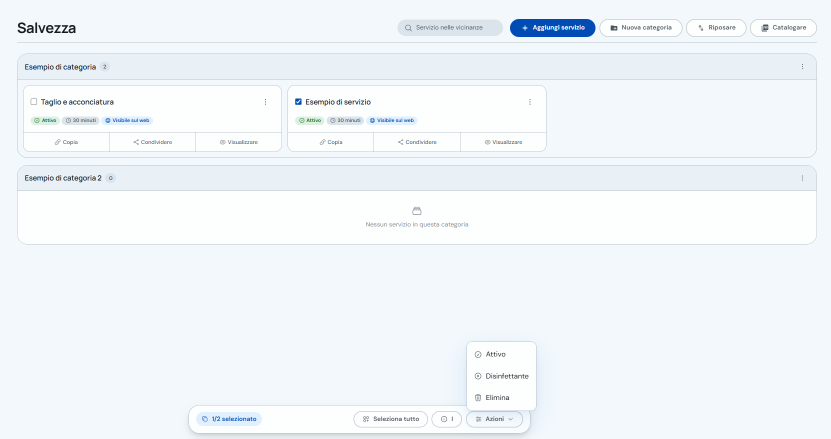 Menu Azioni con opzioni Attiva, Disattiva ed Elimina