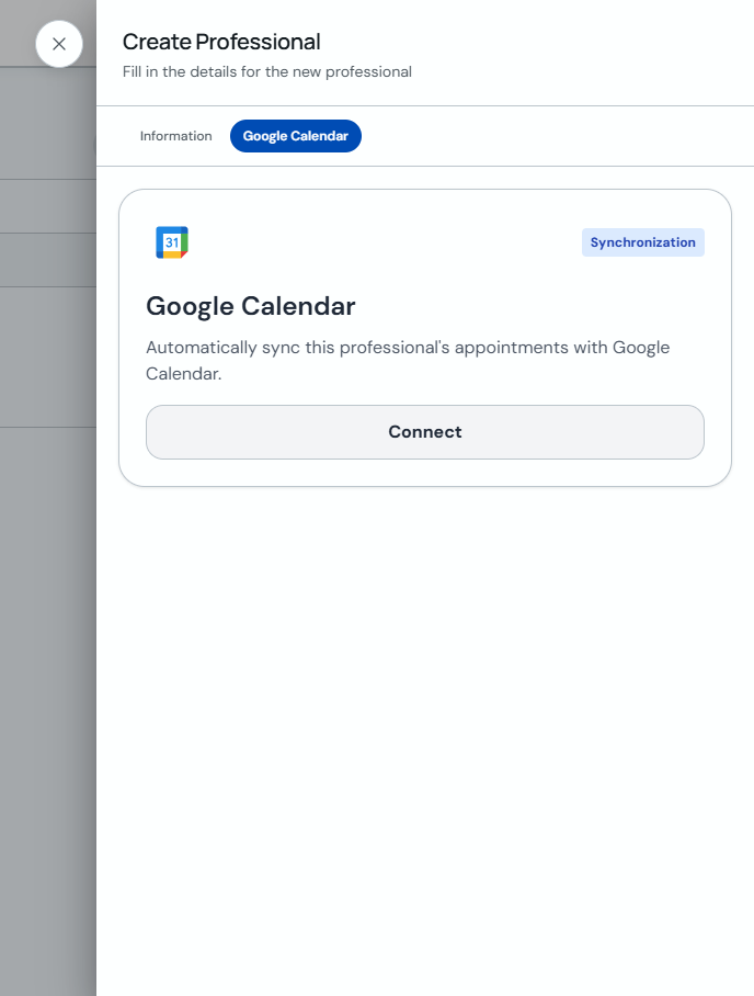 Google Calendar tab when creating a professional