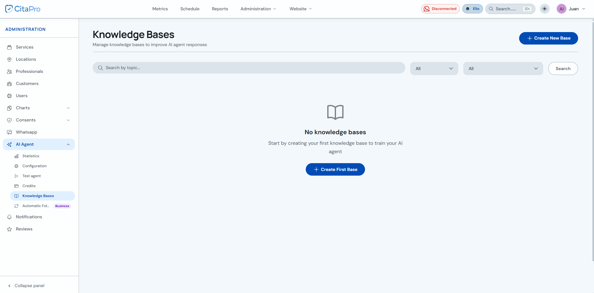 AI Agent Knowledge Bases screen with Create New Base button