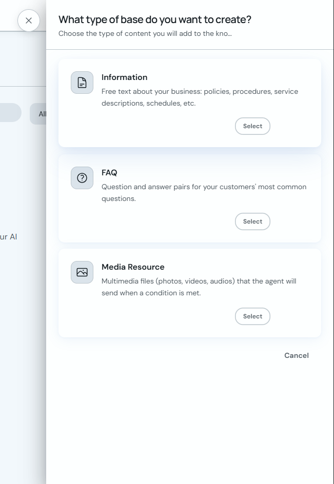 Knowledge base type selector with Information, FAQs and Multimedia Resource
