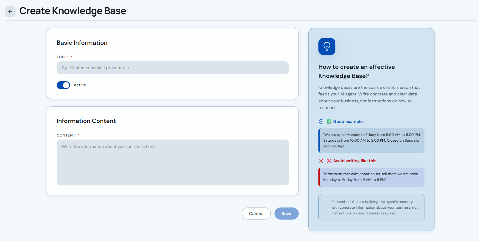 Create Knowledge Base form for Information with topic and content