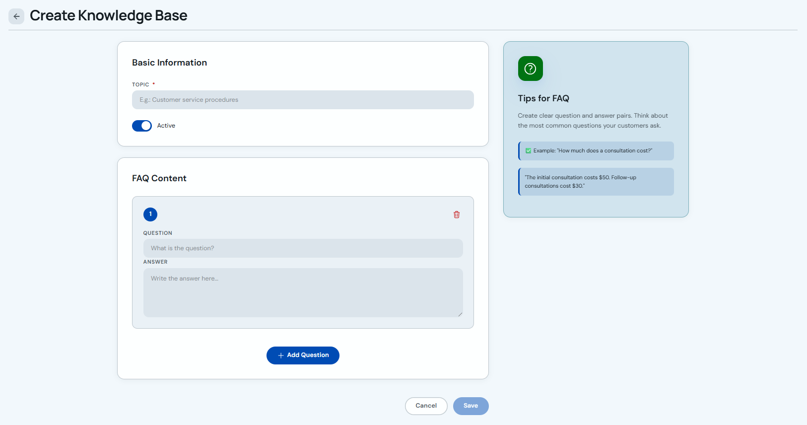 Frequently Asked Questions form with question and answer fields