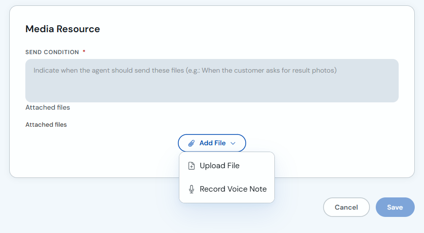 Add File menu with Upload File and Record Voice Note options