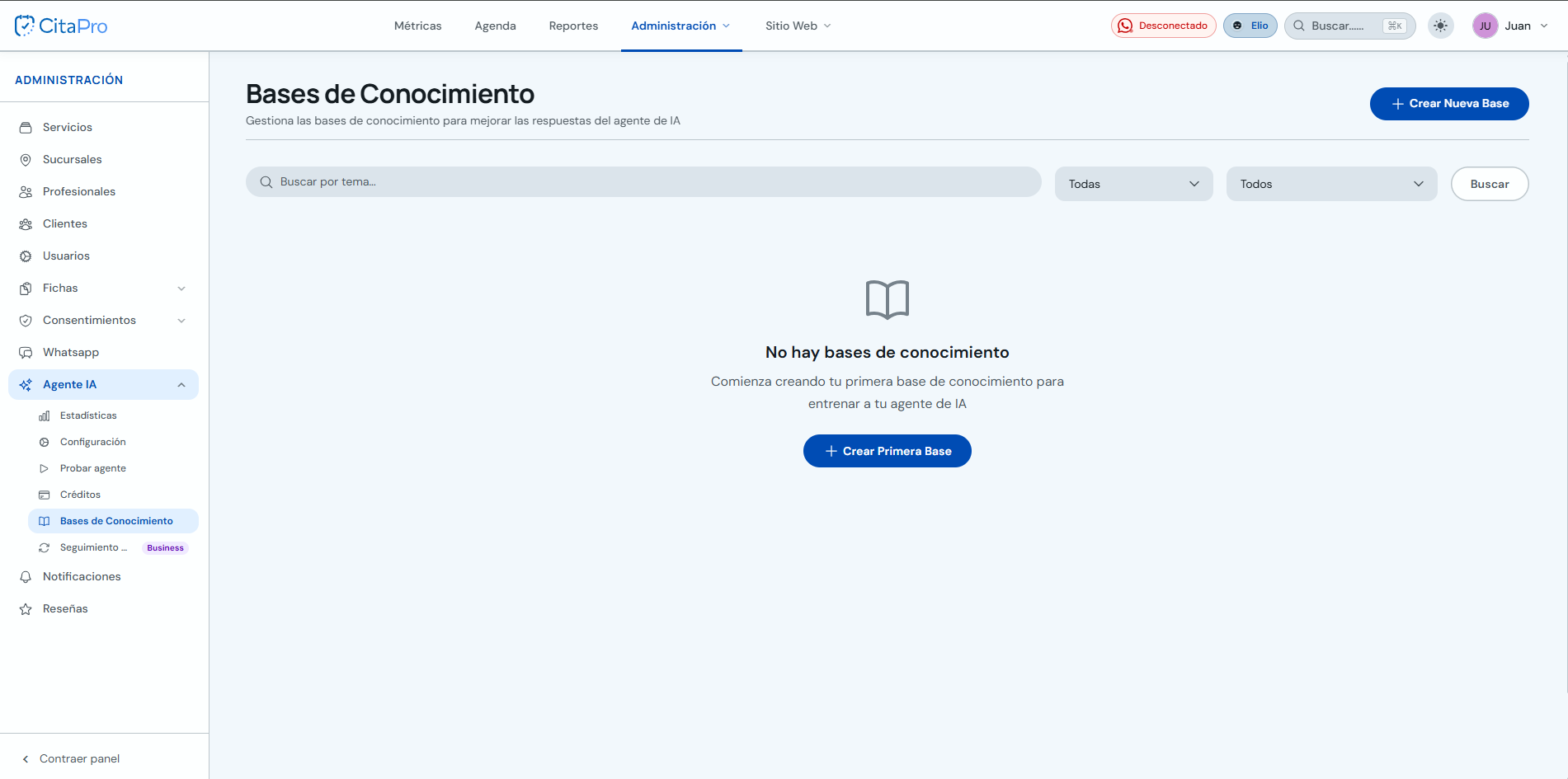 Pantalla Bases de Conocimiento del Agente IA con botón Crear Nueva Base