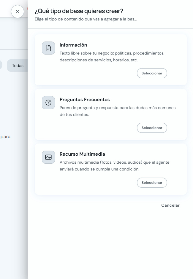 Selector de tipo de base de conocimiento con Información, Preguntas Frecuentes y Recurso Multimedia