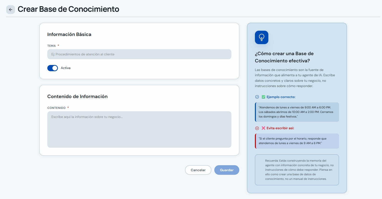 Formulario Crear Base de Conocimiento de tipo Información con tema y contenido
