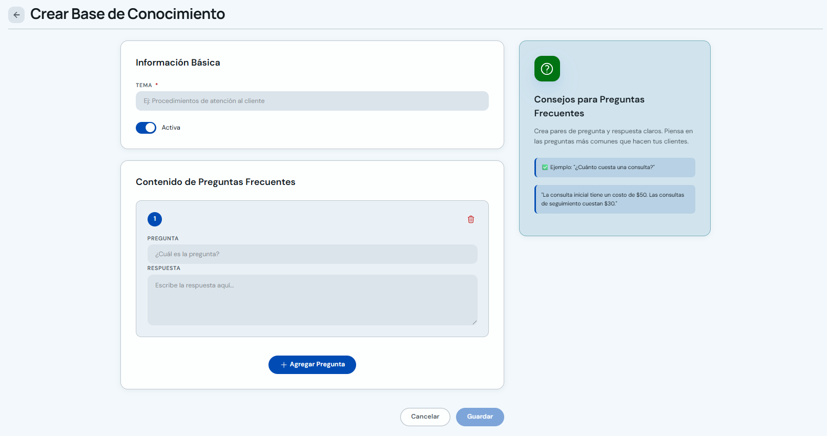 Formulario de Preguntas Frecuentes con campos de pregunta y respuesta