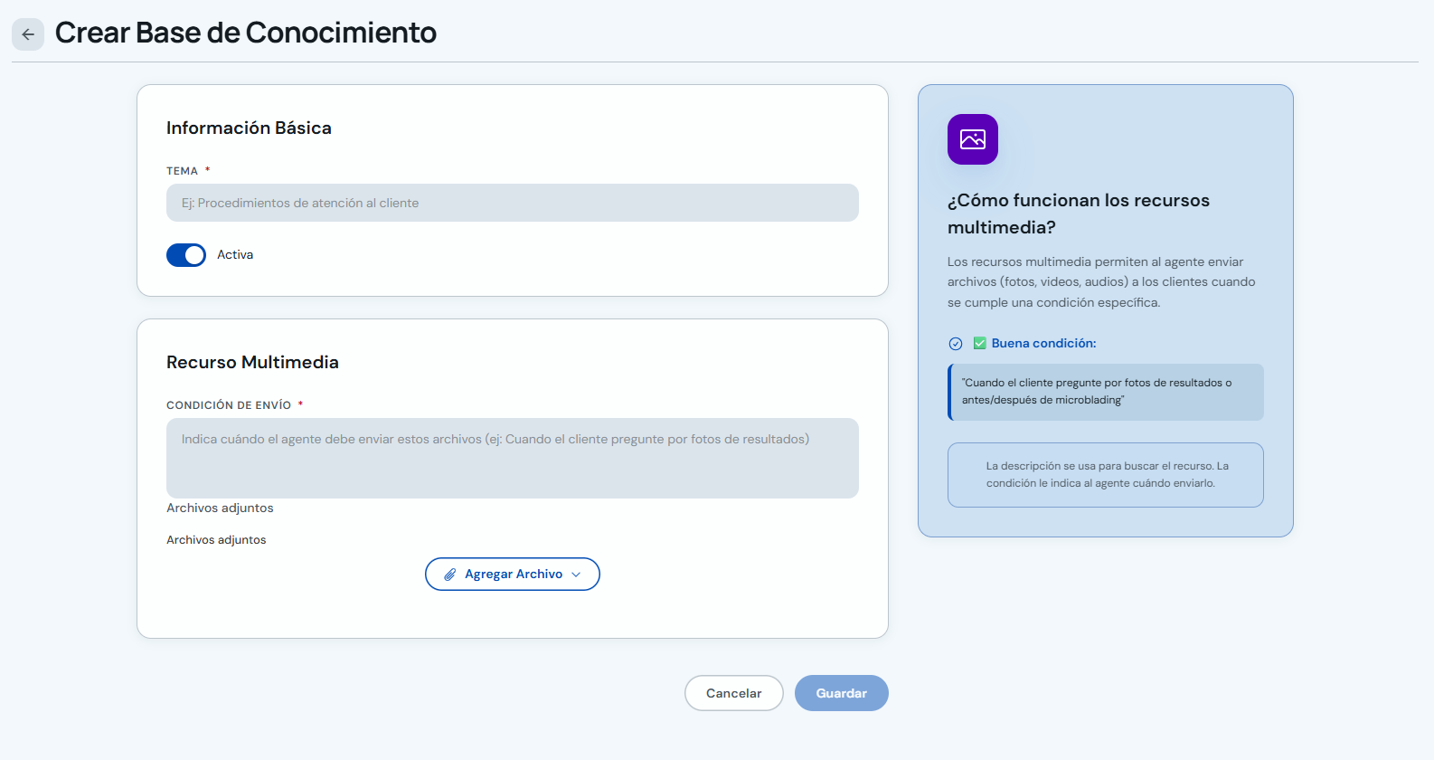 Formulario Recurso Multimedia con condición de envío y archivos adjuntos